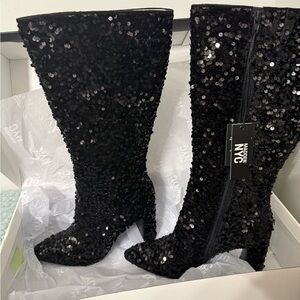Madden NYC Women's Tall Glitter Block Heel Boots in black 8